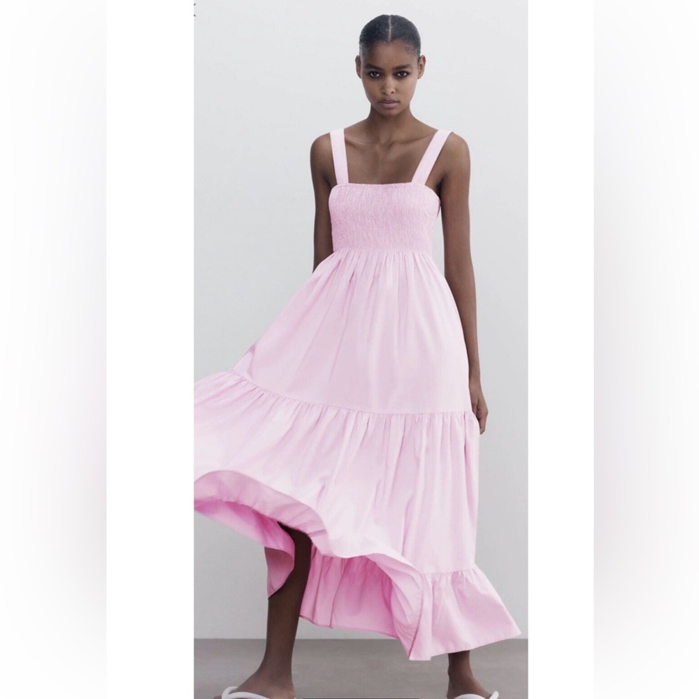 Zara Light Pink Tiered Smocked Maxi Dress